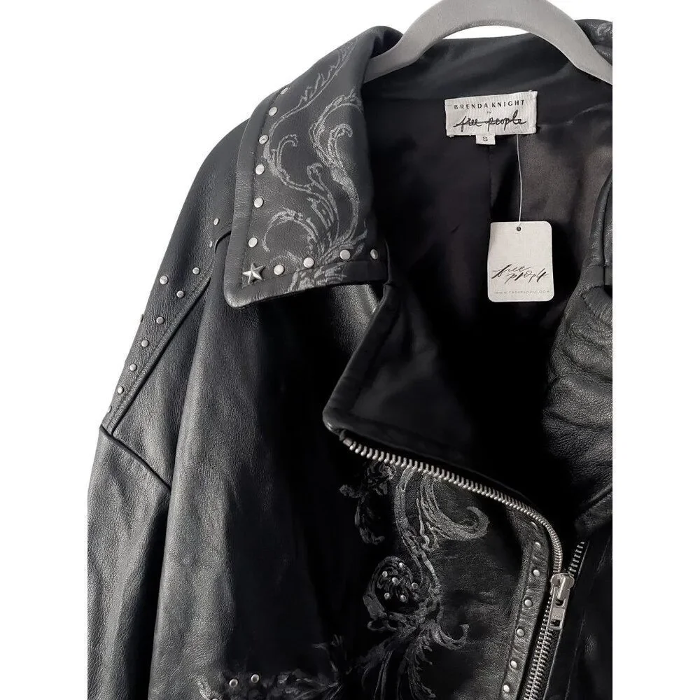 Free People Nigel Preston Chain Embellished Biker Jacket Leather - Picture 5 of 14